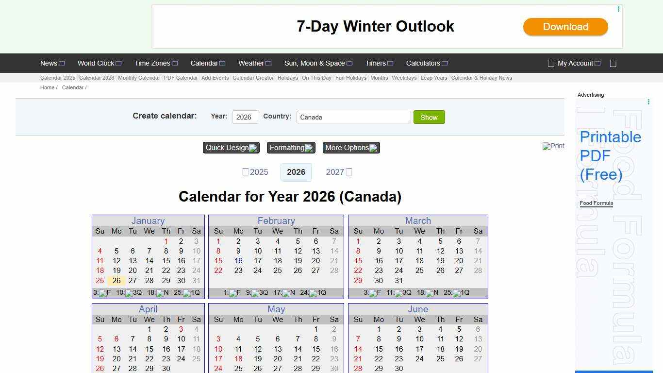 Year 2026 Calendar – Canada